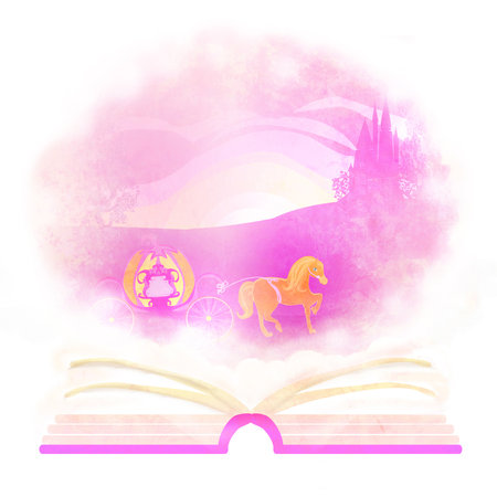 carriage and a medieval castle - fairy castle appearing from the bookの写真素材