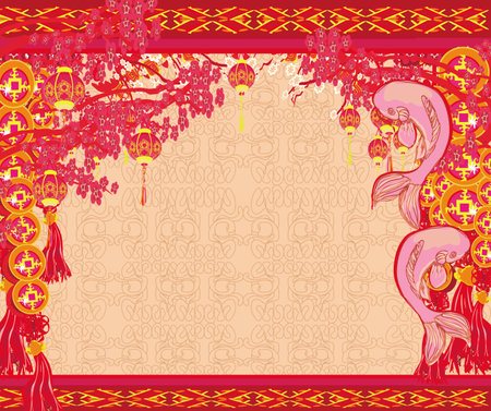 Japanese koi vintage frame, Chinese New Year cardのイラスト素材