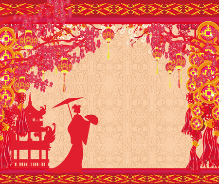 Abstract decorative frame with Asian girlのイラスト素材