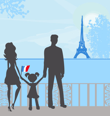 silhouette of a happy family visiting Parisのイラスト素材