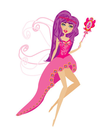 Beautiful fairy with magic wand flies like a butterfly on her beautiful wings - isolated illustrationのイラスト素材