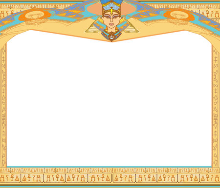 vintage card - decorative frame with hieroglyphs and egyptian queenのイラスト素材