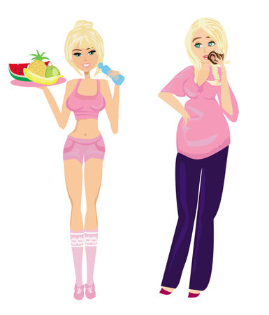 Illustration of thick and thin girls - nutritional differencesのイラスト素材