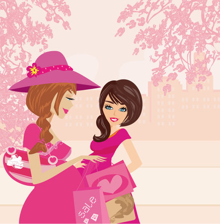 pregnant friends shopping together in the cityのイラスト素材