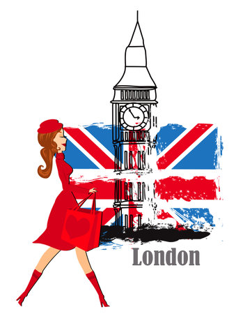 Beautiful elegant woman shopping in London - banner on isolated backgroundのイラスト素材