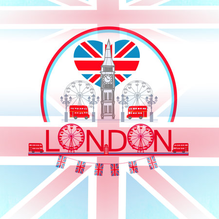 decorative card with flag and icons of Londonの写真素材