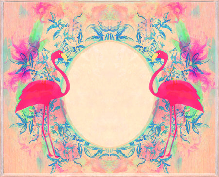 Abstract decorative pink card with flamingos - floral frameの写真素材