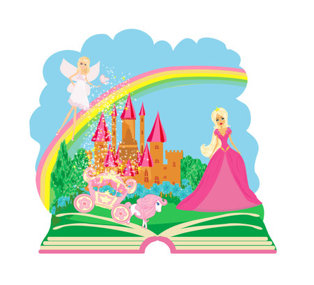 Illustration of a fairy and enchanted carriage appearing from the bookのイラスト素材