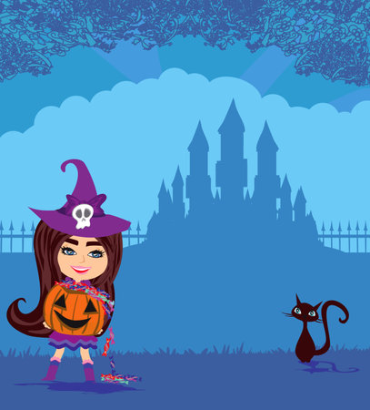 cute little witch with candy and catのイラスト素材