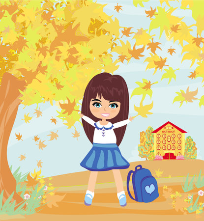 happy little girl going back to school in autumnのイラスト素材