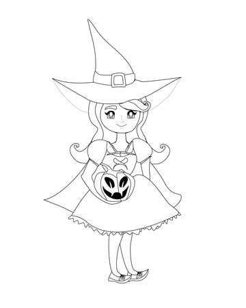 Sweet witch standing with pumpkin - isolated character, coloring bookのイラスト素材