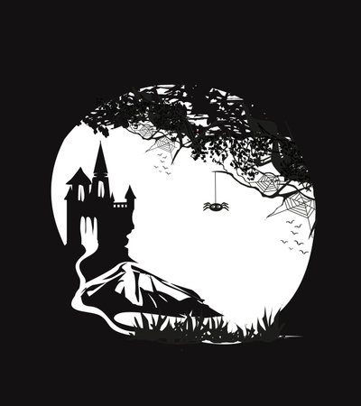 Halloween night frame with scary haunted castleのイラスト素材