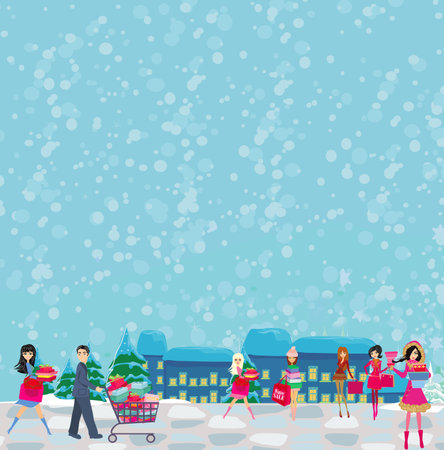 Christmas shopping - group of people shopping in the city - cardのイラスト素材
