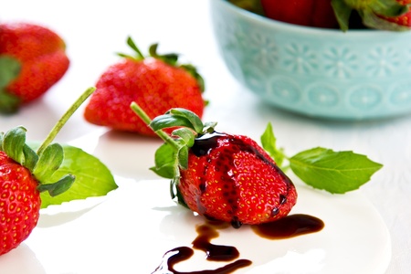 Strawberry with Balsamic sauce and basilの写真素材