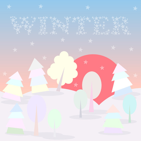 Winter card background with sunset in the snowy winter forest in gentle tonesのイラスト素材