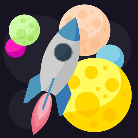 cosmic card background with bright planets and spaceship in open spaceのイラスト素材