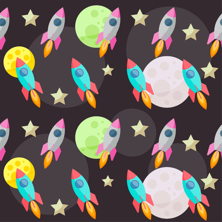 Bright colored space pattern background with colorful planets, spaceships and starsのイラスト素材