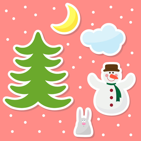Funny cartoon winter holidays background with drawing snowflakes, snowman, moon, cloud and cute rabbit on bright coverのイラスト素材
