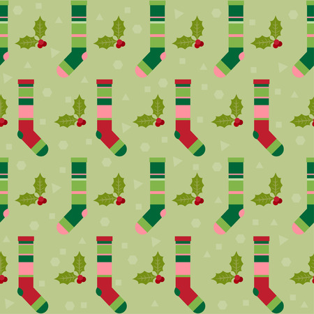 winter holidays pattern background with colorful baby socks for gifts from Santa Claus and  branch of Holly on soft green colored coverのイラスト素材