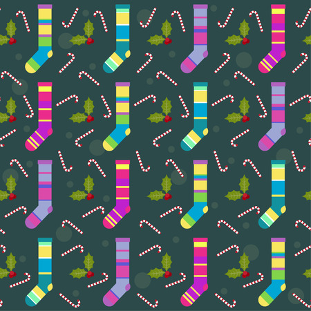 winter holidays pattern background with colorful baby socks for gifts from Santa Claus, lollipops and  branch of Hollyのイラスト素材
