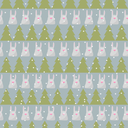 winter holidays pattern background with green fir and funny cartoon rabbit on the grey coverのイラスト素材