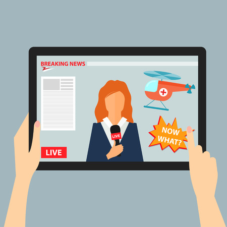 bright colored conceptual illustration on the theme of breaking news with hands holding a tablet with the broadcast of current events from the Internetのイラスト素材