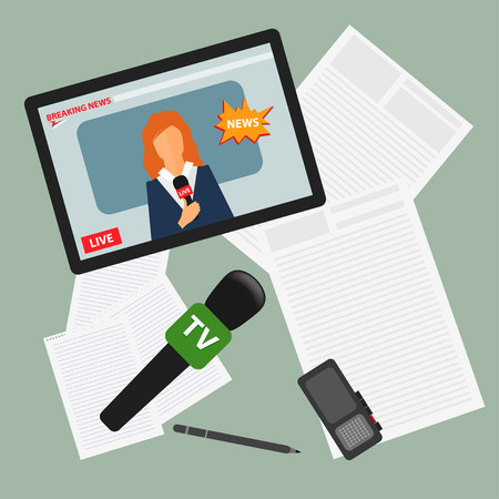 bright colored conceptual illustration on the theme of breaking news with tablet with an online broadcast of the event from the Internet, microphone and recorderのイラスト素材