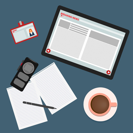 bright colored conceptual illustration on the theme of breaking news with set of tablet, coffee, skip, recorder, pencil and pieces of paper from a notepadのイラスト素材