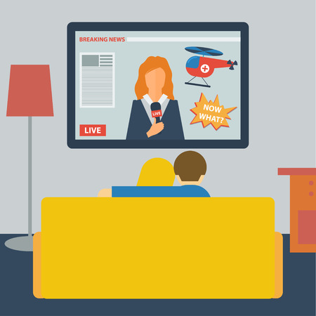 illustration in a flat style with couple watching the news on television sitting on the couch in the roomのイラスト素材