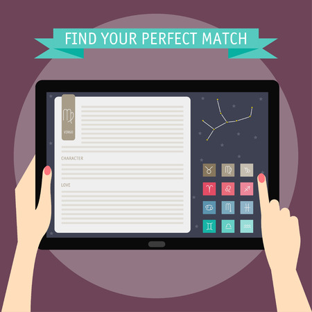 Vector illustration concept of hands holding tablet and pointing on a screen with horoscope website. Flat design style, isolated on background with sloganのイラスト素材