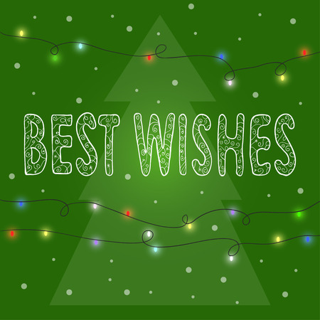 bright green winter holidays card background with  hand-drawing best wishes, lights and spruceのイラスト素材