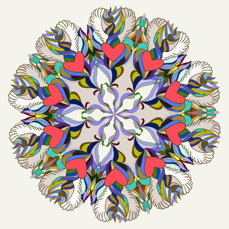 bright colored hand-drawing ornamental abstract background with flying cartoon hearts with wingsのイラスト素材