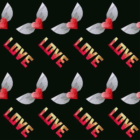 geometric abstract polygonal heart with wings and love word seamless pattern background isolated on dark cover for use in design for valentines day or wedding greeting cardのイラスト素材