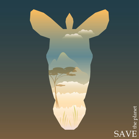 conceptual illustration on the theme of protection of nature and animals with evening Savannah view in silhouette of zebra head for use in design for card, invitation, poster or placardのイラスト素材