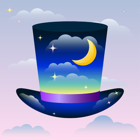 Illustration with bright magic hat floating in the sunset sky among the clouds for use in design for card, invitation, poster, banner, placard or billboard coverのイラスト素材