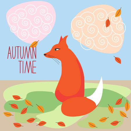 bright ginger fox looking at the autumn leaf fall for use in design for card, invitation, poster, banner, placard or billboard coverのイラスト素材