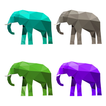 illustration with set of blue, green, purple and grey colored abstract geometric polygonal triangular elephant isolated on white background for use in designのイラスト素材