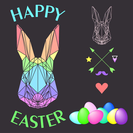simple graphic illustration with abstract geometric rainbow colored polygonal rabbit and bright eggs isolated on dark background for use in design for easter card, invitation, placard or bannerのイラスト素材