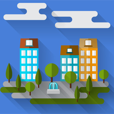 bright colored illustration with cartoon graphic city houses with long shadows for use in designのイラスト素材