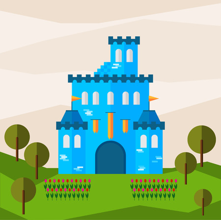 Bright graphic illustration with cartoon blue colored castle for use in design for card, invitation, bunner, poster or placard backgroundのイラスト素材