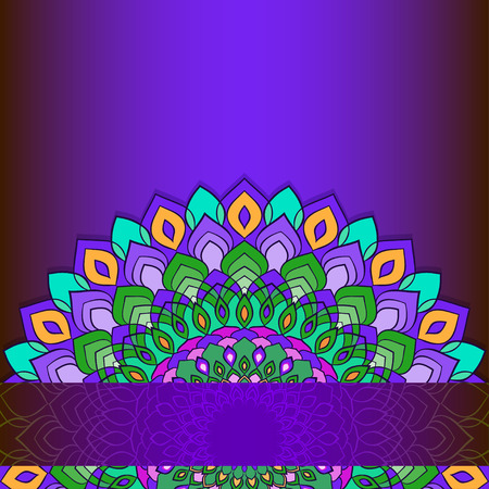 bright illustration with hand-drawing ornamental abstract lace round with many details isolated on dark purple background for use in design for card, invitation or banner coverのイラスト素材