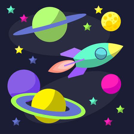 Bright cartoon cosmic illustration with rocket and funny planets in open space for use in design for card, poster, banner, placard,  brochures or billboard coverのイラスト素材