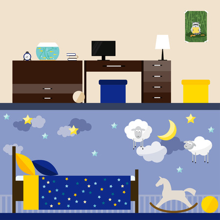 bright illustration in trendy flat style with children room interior for use in design for for card, invitation, poster, banner, placard or billboard coverのイラスト素材