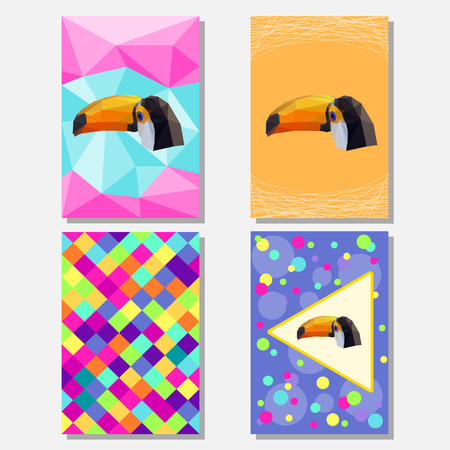 Bright colored set with geometric toucan for use in design for card, poster, banner, placard,  brochures or billboard coverのイラスト素材