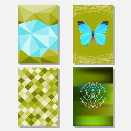 Bright green and blue colored set with geometric butterfly and polygonal background for use in design for card, poster, banner, placard,  brochures or billboard coverのイラスト素材