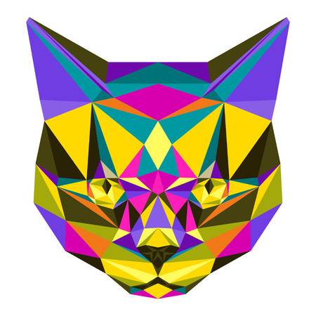 Abstract bright motley colored polygonal triangle geometric angry cat isolated on white background for use in design for card invitation poster banner placard or billboard cover.のイラスト素材