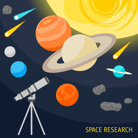 illustration with cartoon space objects and telescope isolated on dark cover for use in design for card, poster, banner, placard, brochures, book or billboardのイラスト素材