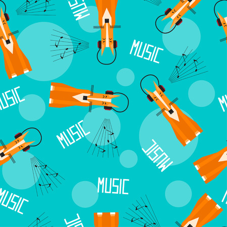 Ñute cartoon fox enjoys the music in the headphones. Simple graphical seamless pattern background in trendy flat style for use in designのイラスト素材