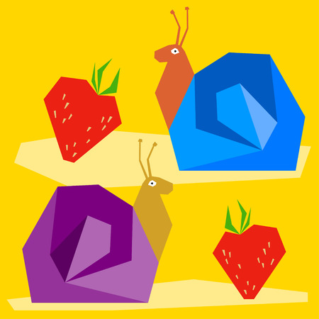 Funny snail and strawberry. Cartoon bright colored graphic abstract illustration for use in design card, invitation, poster, banner, placard, billboardのイラスト素材
