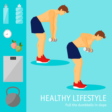 Exercises with dumbbells set. Healthy lifestyle and sports theme. Conceptual graphic illustration in trendy flat style for use in design for card, poster, banner, placard or billboard coverのイラスト素材
